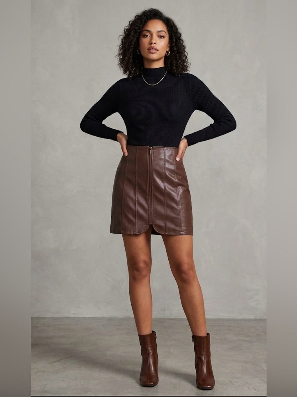 Free People Brown Faux Leather Mini Skirt with Front Zip